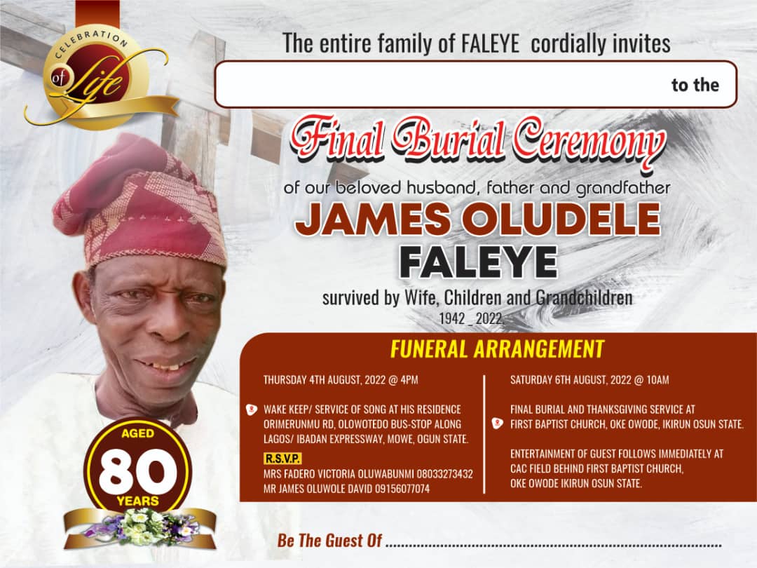 Oludele james final burial ceremony holds Saturday